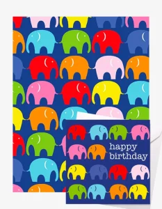 Birthday Multi Elephant Gift Wrap + Personalised Card Bundle