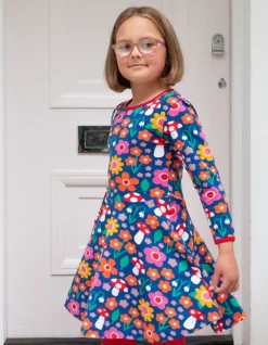 Organic Floral Mushroom Print Long-Sleeved Skater Dress