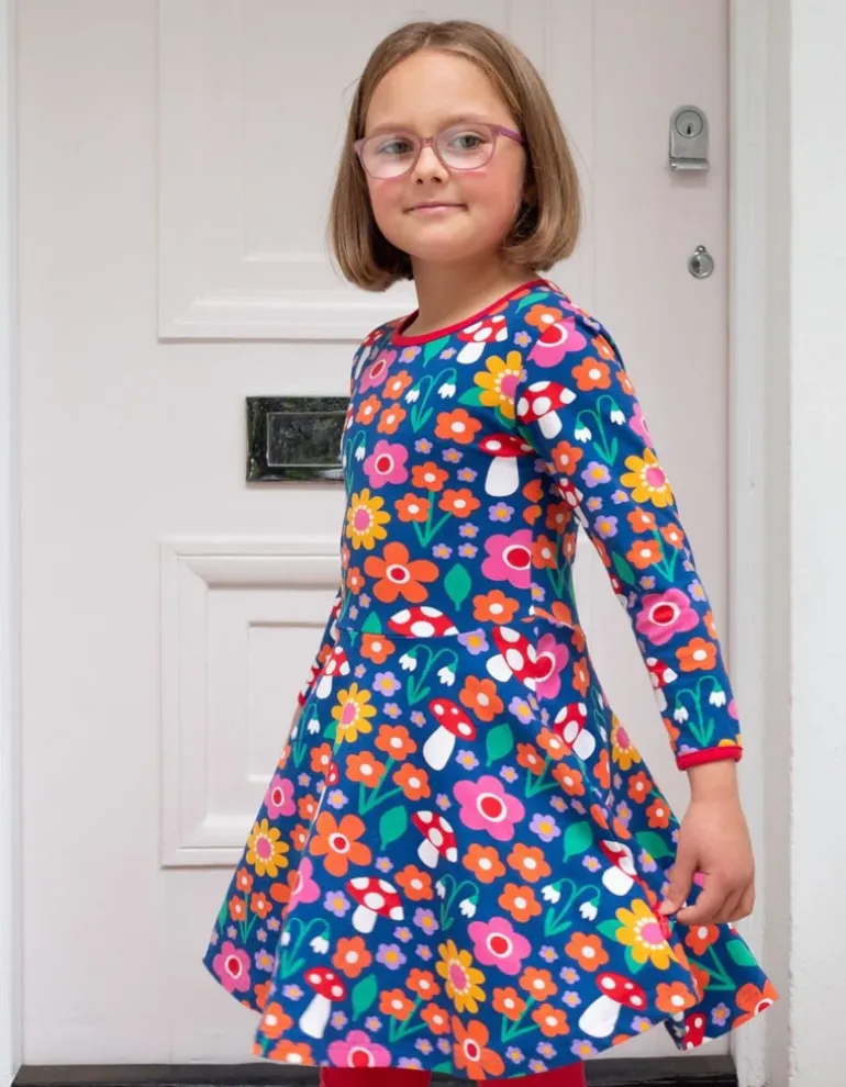 Organic Floral Mushroom Print Long-Sleeved Skater Dress