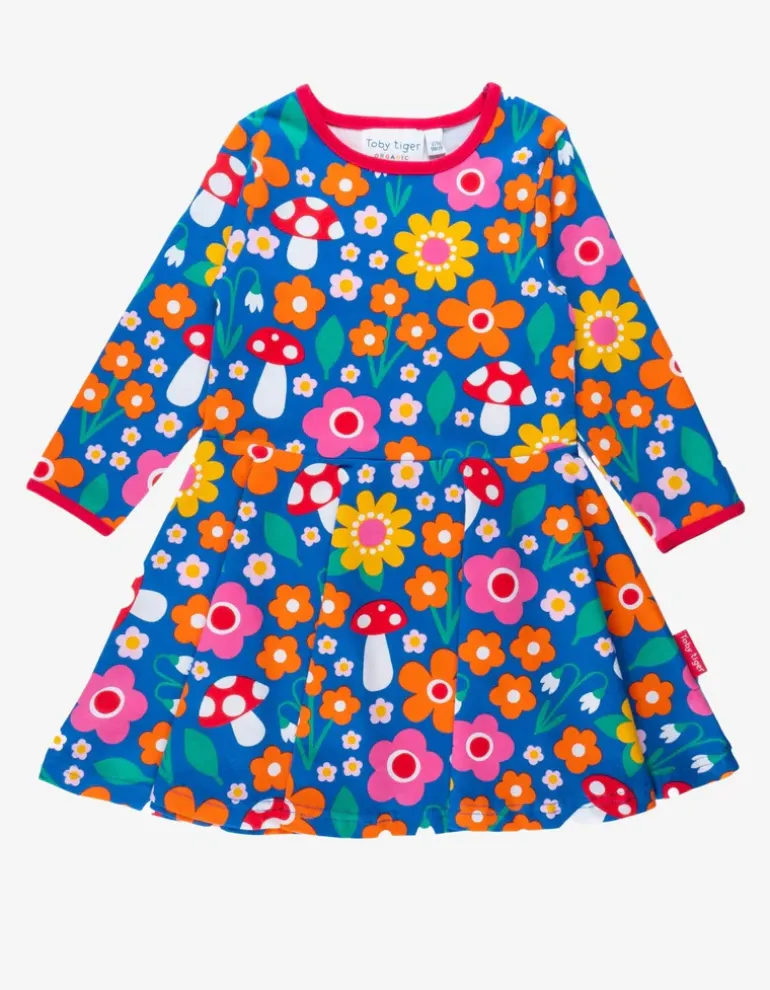 Organic Floral Mushroom Print Long-Sleeved Skater Dress