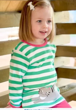 Organic Green Kitten Applique Long-Sleeved T-Shirt