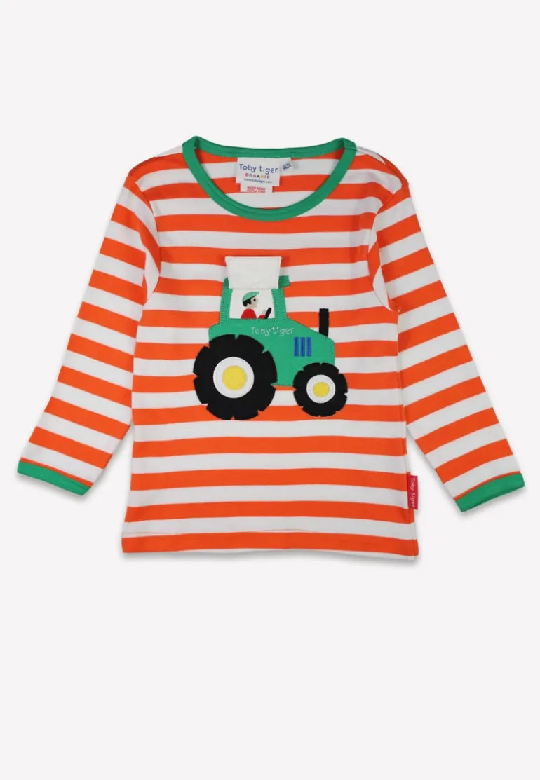 Organic Orange Tractor Applique Long-Sleeved T-Shirt