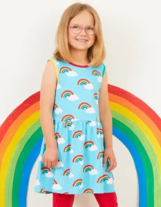 Organic Turquoise Rainbow Print Summer Dress