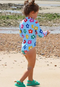 Rainbow Bloom Print Long-Sleeved Kids' Swimsuit